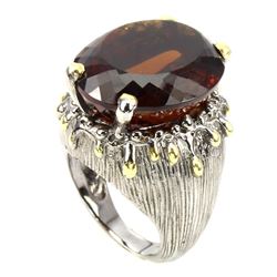 Handmade Oval 23x19mm Cognac Quartz 2 Tone Ring