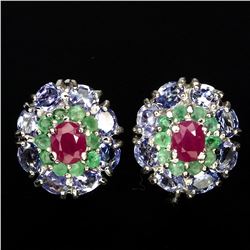 Natural Red Pink Ruby Emerald & Tanzanite Earrings