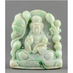 Fine Celadon Jadeite Carved Seated Guanyin Statue