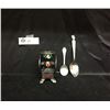 Image 1 : Vintage Charlie McCarthy and Gerber Baby Spoons Plus a Cast Iron Mini Coffee Grinder
