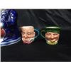Image 2 : 2 Vintage Artone Mini Toby Mugs and a Larger Toby Mug. Also, Vintage Bartender Decanter. Made in Eng