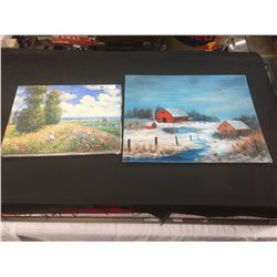 2 Paintings Only 1 is Signed. T. Loie " Field of Flowers" 16 x12 and Farm in the Snow " 20 x 16