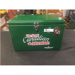 The Great Canadian Adventure Metal Cooler with Bottle Opener on Front Unused. 20  x 10  x12 