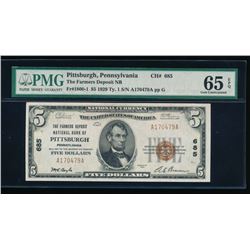 1929 $5 Pittsburgh National Bank Note PMG 65EPQ