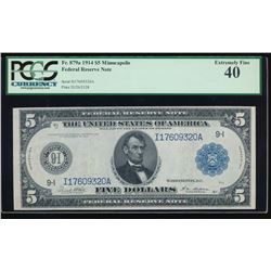 1914 $5 Minneapolis Federal Reserve Note PCGS 40