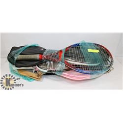 LOT OF RACQUETBALL RACQUETS, BADMINTON RACQUETS