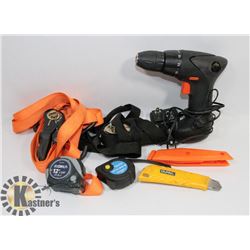 CORDLESS DRILL, TAPE MEASURES, KNIFES, RATCHET