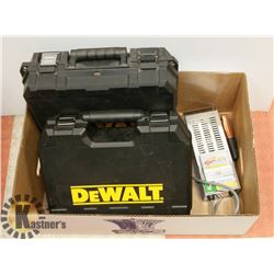 BOX WITH BATTERY TESTER AND TWO EMPTY TOOL CASES.