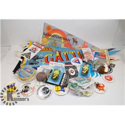 LARGE FLAT OF 1980'S ITEMS FLAGS/PINS