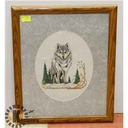FRAMED MATTED NEEDLE ART WOLF PICTURE