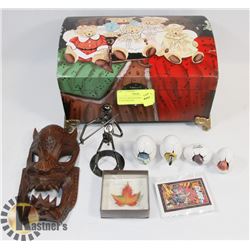 PAINTED WOOD STORAGE BOX FULL OF DECORATIVE