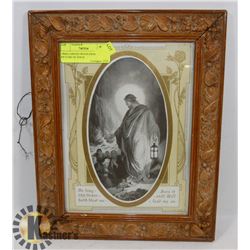 1900S CARVED WOOD FRAMED PICTURE OF JESUS.