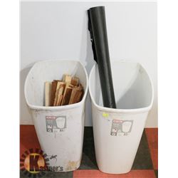TWO 51L GARBAGE CANS SOLD WITH WOOD SHIMS, AND
