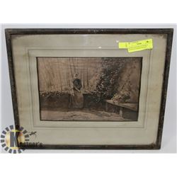 ANTIQUE PANTING OF WOMAN SITTING IN GARDEN FRAMED.