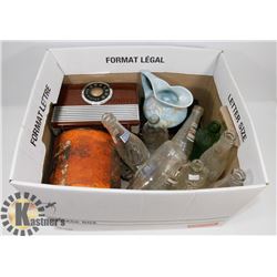 BOX OF COLLECTIBLE BOTTLE AND RADIOS.