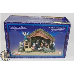 NEVER USED NATIVITY SCENE WITH REAL WOOD STABLE.