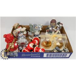FLAT OF SANTA AND SNOWMAN ORNAMENTS.