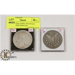 LOT OF 2 USA COINS 1935 PEACE DOLLAR, 1899 MORGAN