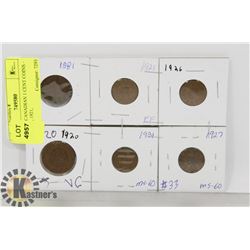 LOT OF 6 CANADIAN 1 CENT COINS - 1881, 1920, 1921,