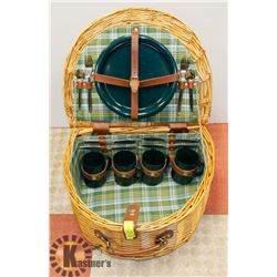 LARGE WICKER PICNIC BASKET W/ PLATES & UTENSILS