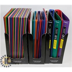 3 SLEEVES OF ASSORTED FILE FOLDERS AND BINDERS.