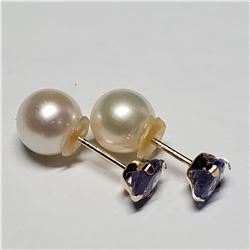 10K YELLOW GOLD TANZANITE PEARL 2 IN 1 EARRINGS