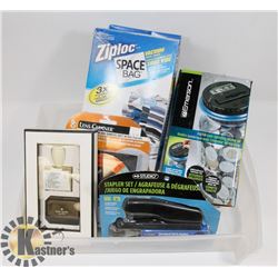 LARGE BIN OF NEW OFFICE AND HOME ITEMS INCLUDES