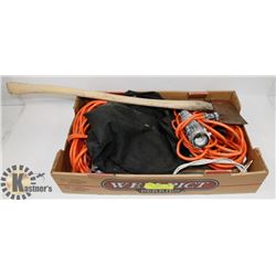 FLAT OF GARAGE TOOLS/LIGHTS/SAW BLADES/AXE