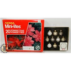 10 WELLESLEY MANOR GLASS ORNAMENTS & BOX OF MINI