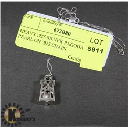 HEAVY .925 SILVER PAGODA AND PEARL ON .925 CHAIN
