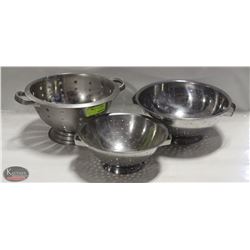 3 ASSORTED S/S COLANDERS / STRAINERS W/ HANDLES.