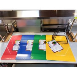 SET OF 4 MIXED COLOURED CUTTING BOARDS & RACK