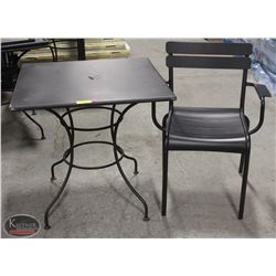 BLACK OUTDOOR SQUARE METAL PATIO TABLE W/ 1 CHAIR