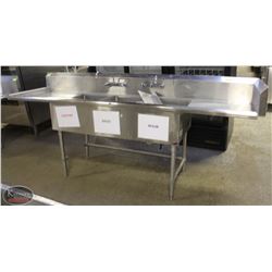 STAINLESS STEEL 3-WELL CORNER SINK W/ 2 FAUCETS &