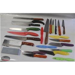 FLAT OF 20-25 KNIVES INCL SHARPENING STONE & A
