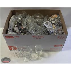 LARGE BOX OF STEMWARE, GLASSES & DESSERT CUPS.