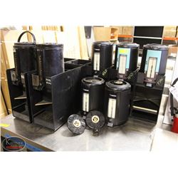 GROUP OF 7 COFFEE DISPENSERS / CARAFES W/ 9 STANDS