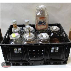 GROUP OF 9 LARGE SEALED-GLASS INGREDIENT JUGS &