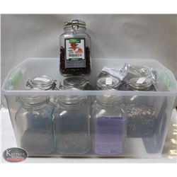 GROUP OF 9 LARGE SEALED-GLASS INGREDIENT JUGS &