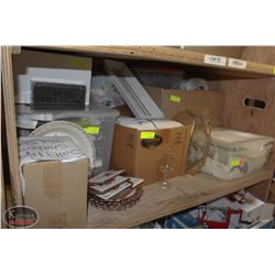 SHELF CONTENTS: MANY ASSORTED GLASS PLATES,