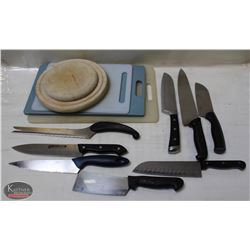 LOT OF 5 CUTTING BOARDS & 8 KITCHEN KNIVES