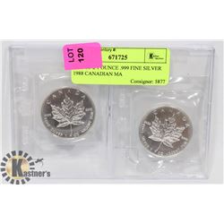 LOT OF 2 CANADIAN 1988 FINE SILVER 1 OZ MAPLE LEAF