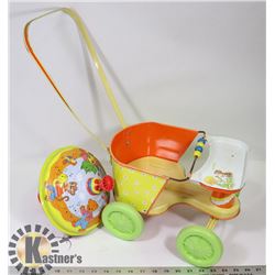 VINTAGE TIN DOLL STROLLER AND TOP.
