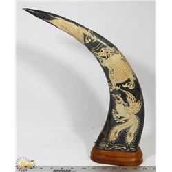 LARGE ASIAN HAND CARVED WATER BUFFALO HORN