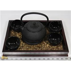 ASIAN CAST IRON TEA SET INCLUDES TEAPOT, 4 CAST IR