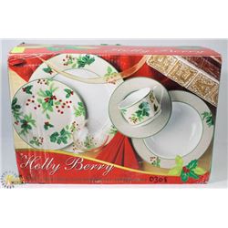 NEW 20PC HOLLY BERRY CHRISTMAS DISH SET.