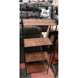 WROUGHT IRON & WICKER BAKERS RACK, 19"X9.5"X56".