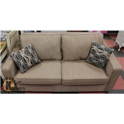 BEIGE FABRIC 69" LOVE SEAT WITH 2 ACCENT CUSHIONS