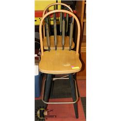PAIR OF WOOD SWIVEL BAR STOOLS.