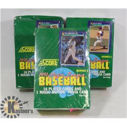 3 BOXES WITH UNOPENED PACKS OF 1991 SCORE MLB